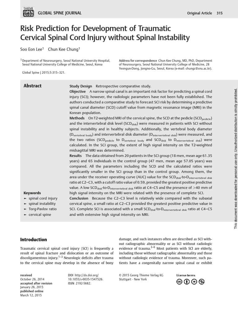 Risk Prediction For Development of Traumatic Cervical Spinal Cord ...