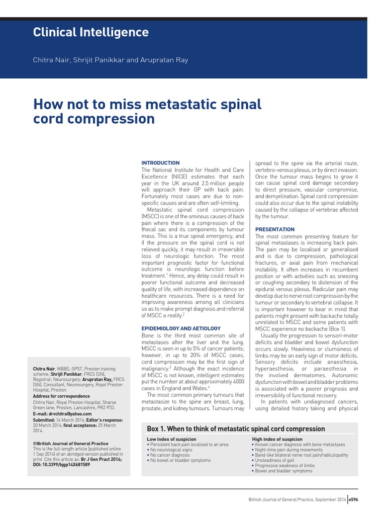 Metastatic Spinal Cord Compression PDF Back Pain Metastasis