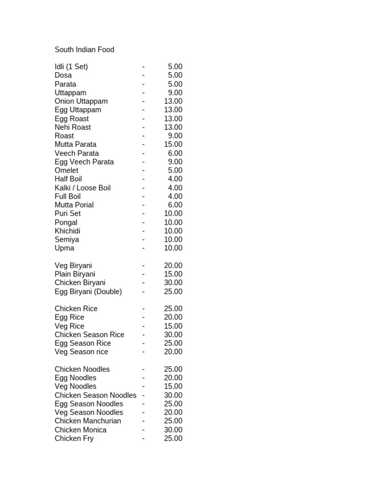 South Indian Food Menu PDF Food And Drink Preparation Curry