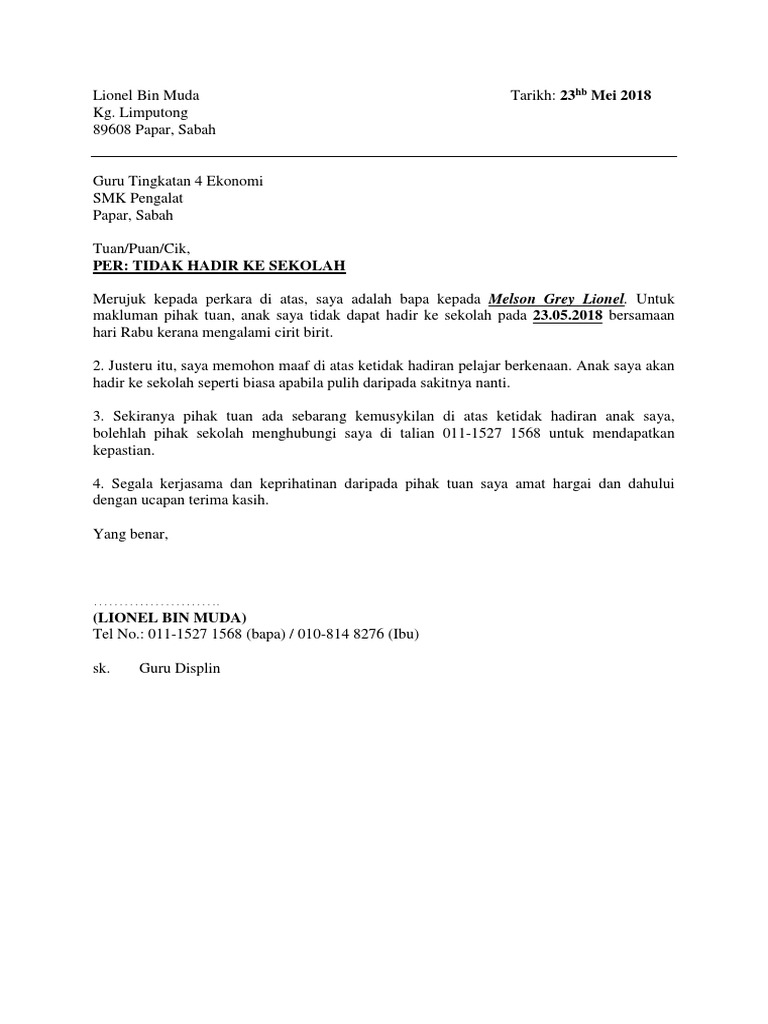 Contoh Surat Tidak Hadir Ke Sekolah Kerana Sakit Perut Tanpa Surat Doktor Atau Mc
