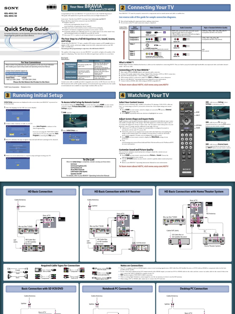 Kdl46vl130 Kdl40vl130 Quick Setup Guide Sony TV | PDF | High Definition