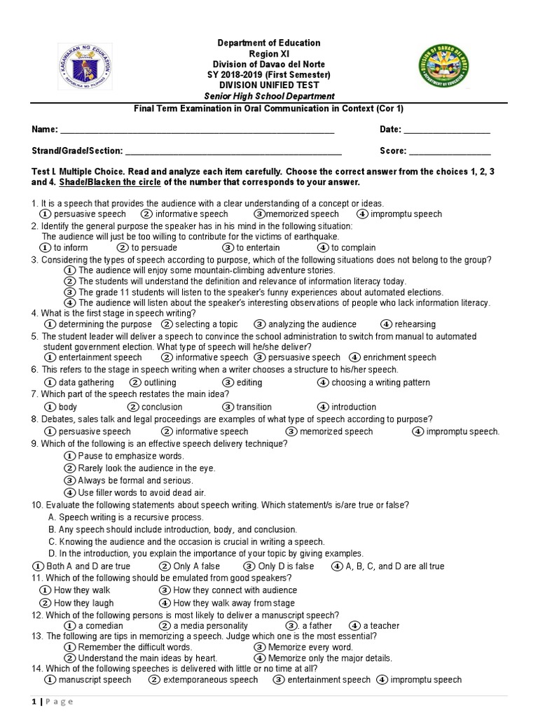 Grade 11 Oral Communication Exam Guide | PDF | Stress (Linguistics ...