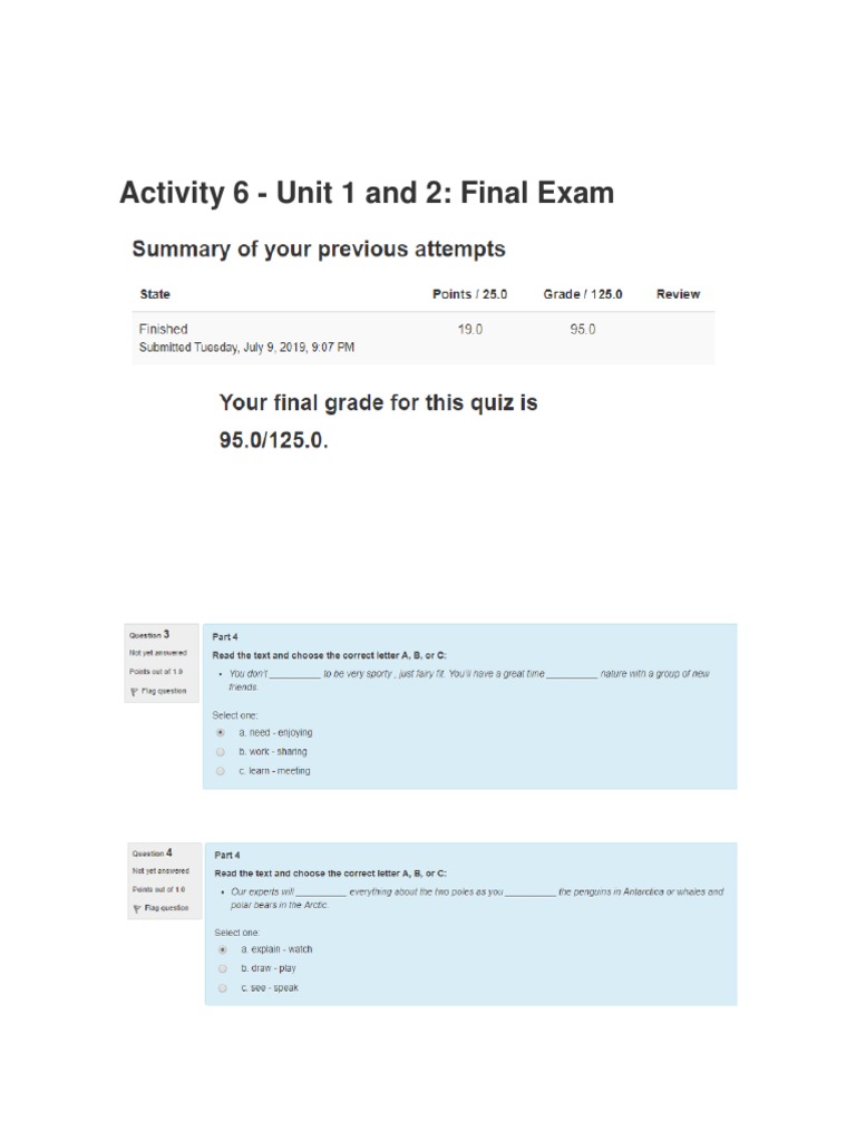 Examen Final Ingles III Activity 6 Unit 1 and 2 Final Exam | PDF