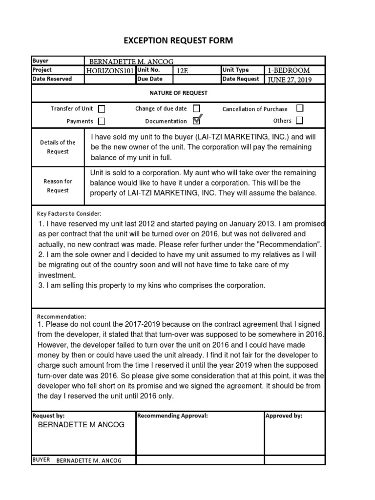 Exception Request Form: Bernadette M. Ancog Horizons101 12E 1-Bedroom ...