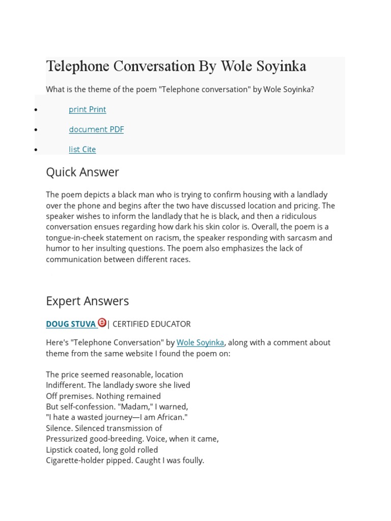 Telephone Conversation by Wole Soyinka PDF Poetry Irony