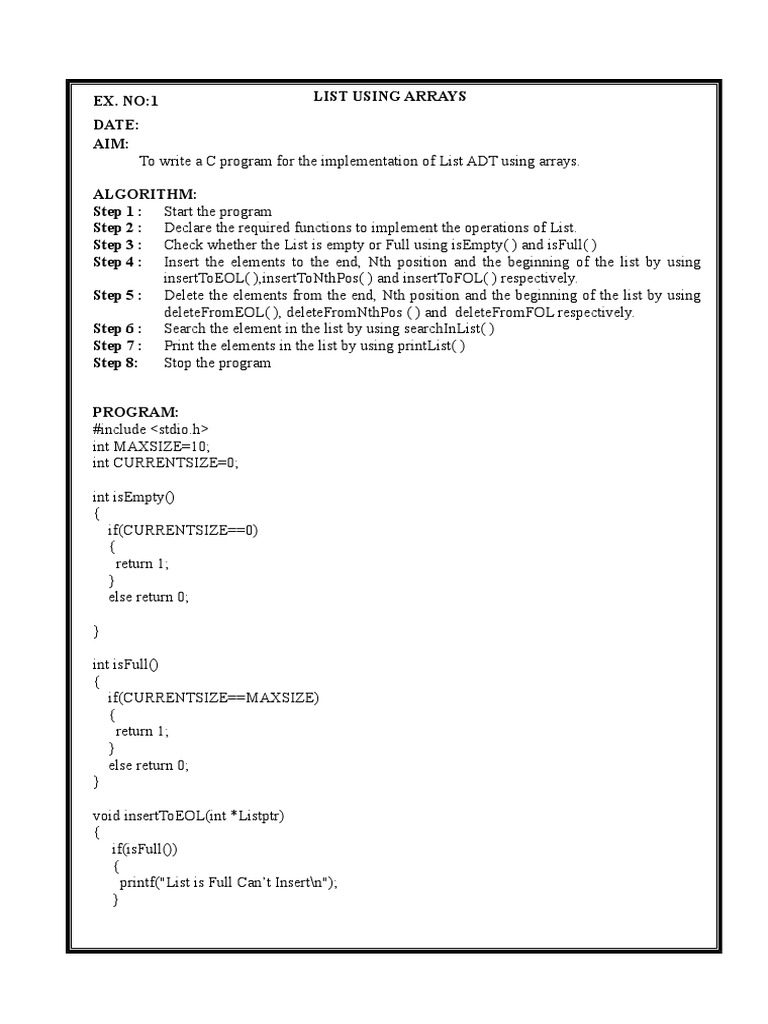 C Program for List ADT Using Arrays | PDF | Queue (Abstract Data Type ...
