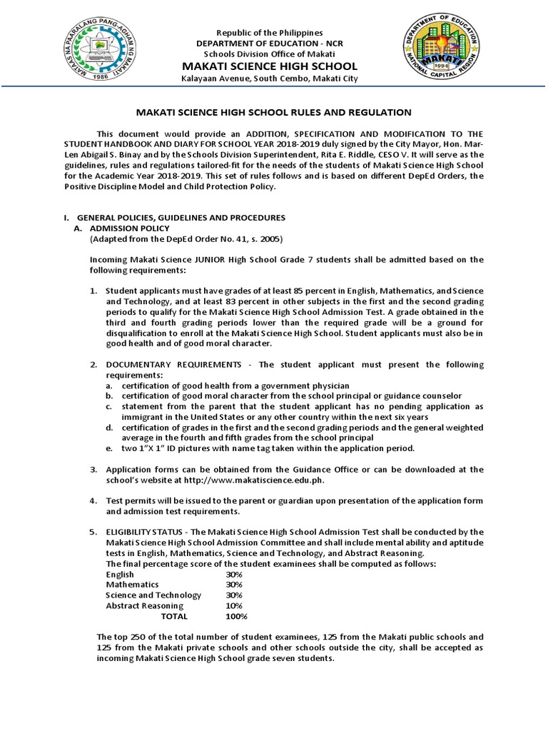 Makati Science High School Rules and Regulation PDF University And