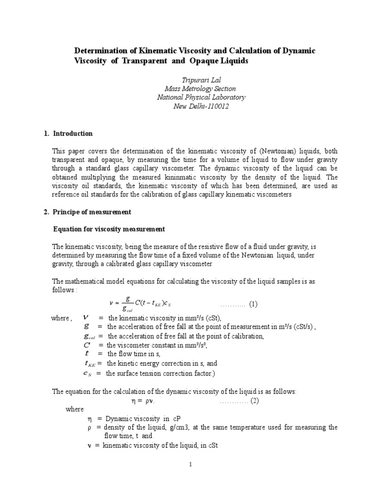 Kinematic and Dynamic Viscosity Measurement | PDF | Viscosity | Liquids