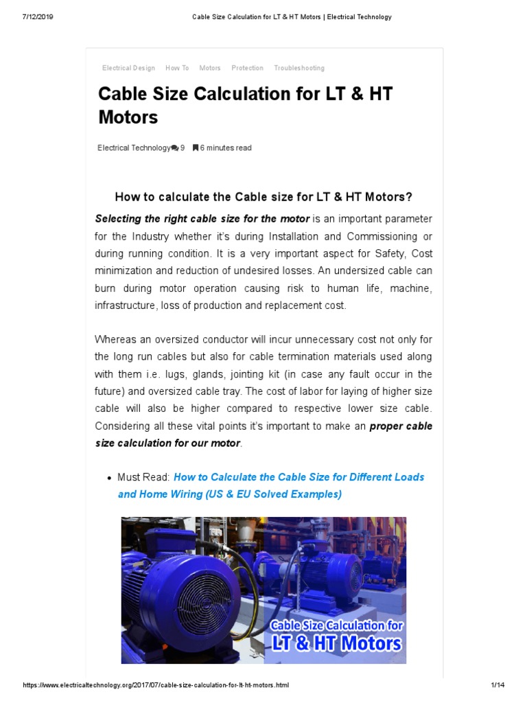 Cable Size Calculation For LT & HT Motors PDF Electric Motor Voltage