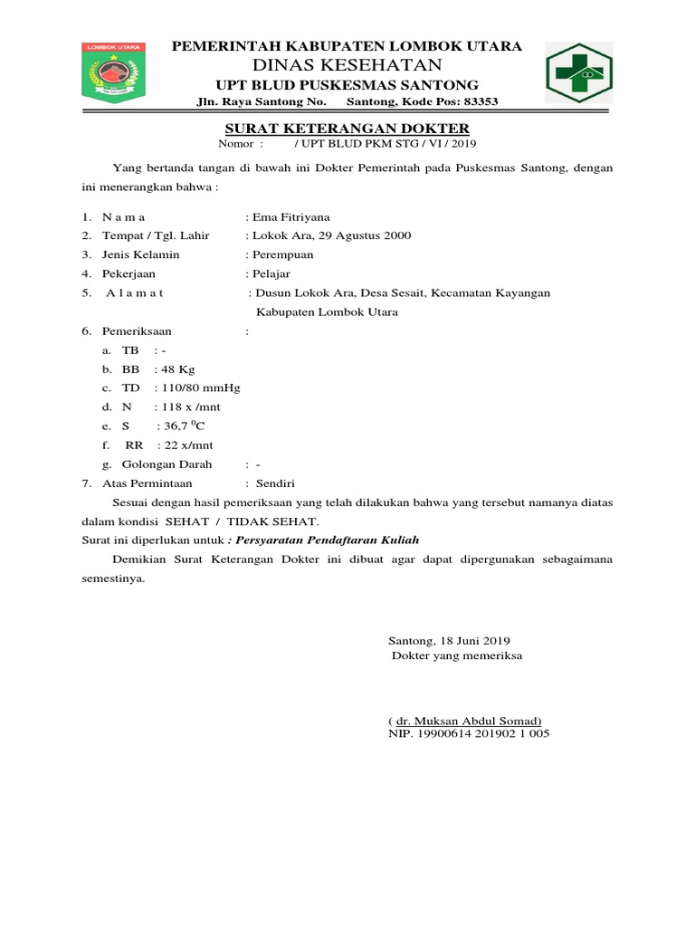 Surat Keterangan Sehat 2019