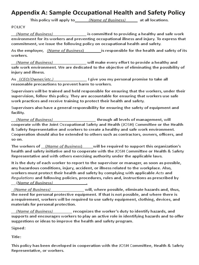 Appendix A: Sample Occupational Health and Safety Policy | PDF ...