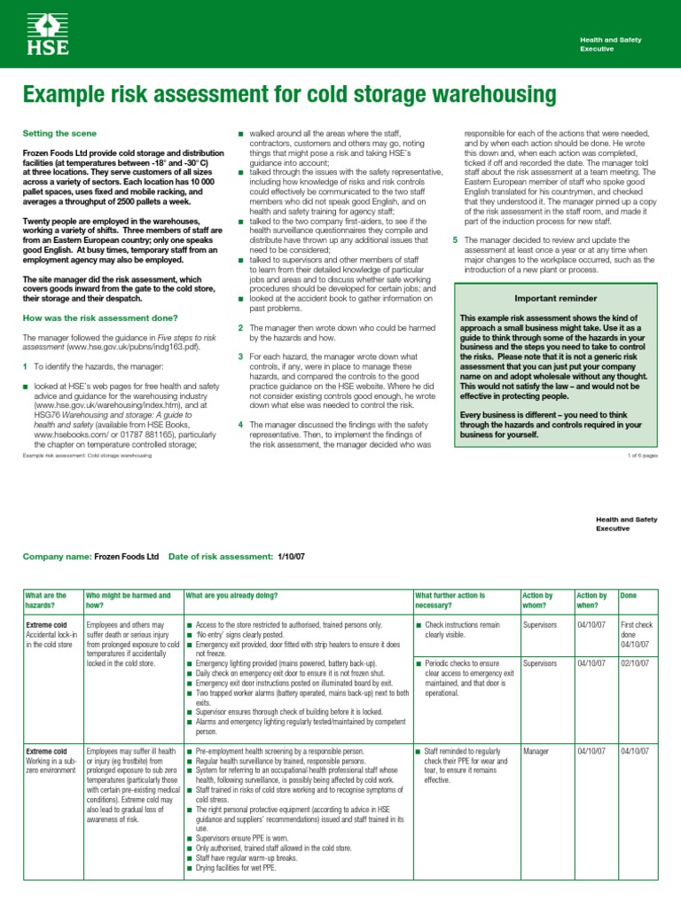 Example Risk Assessment For Cold Storage Warehousing: Setting The Scene ...