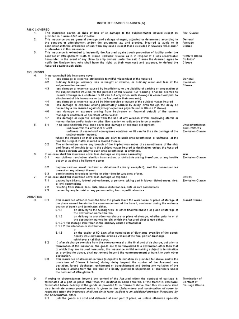 Institute Cargo Clauses (A) 1182 CL 252 PDF Insurance Private Law