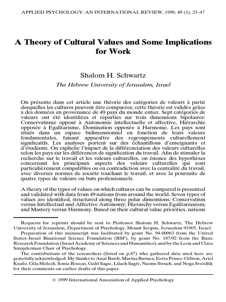 Schwartz - Cultural Values, Work Values PDF | PDF | Valeurs (Éthique ...