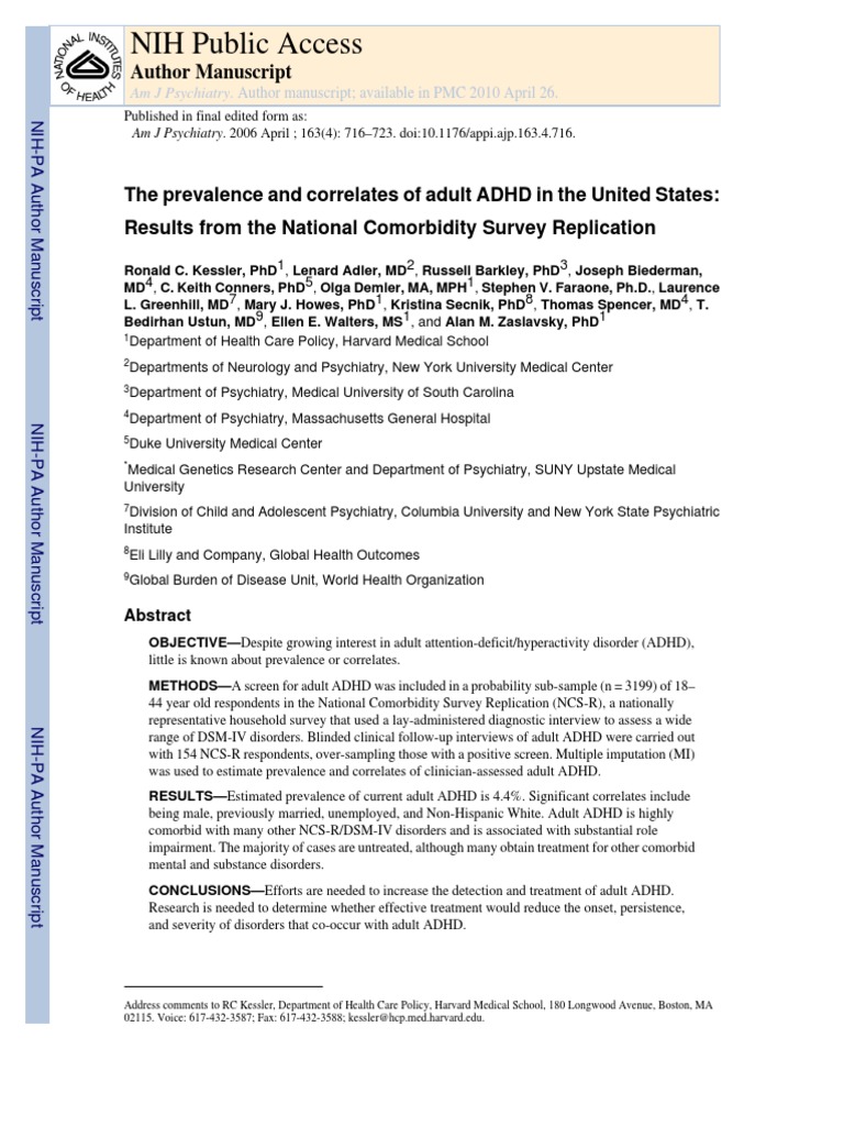 The Prevalence and Correlates of Adult ADHD in The United States ...