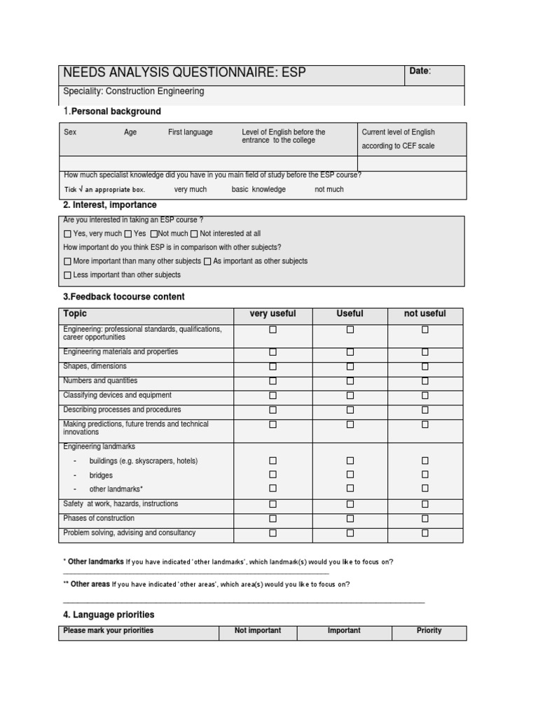 DL HB Needs Analysis Questionnaire | PDF | Engineering | English Language