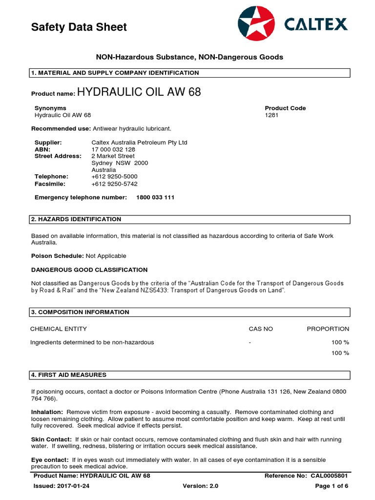 Hydraulic Oil Aw 68Sds PDF Dangerous Goods Toxicity