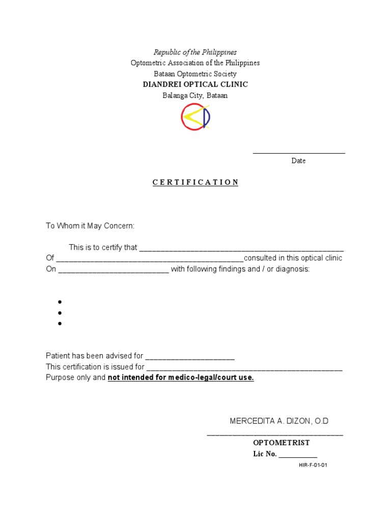 Optometrist Medical Certificate Template | PDF