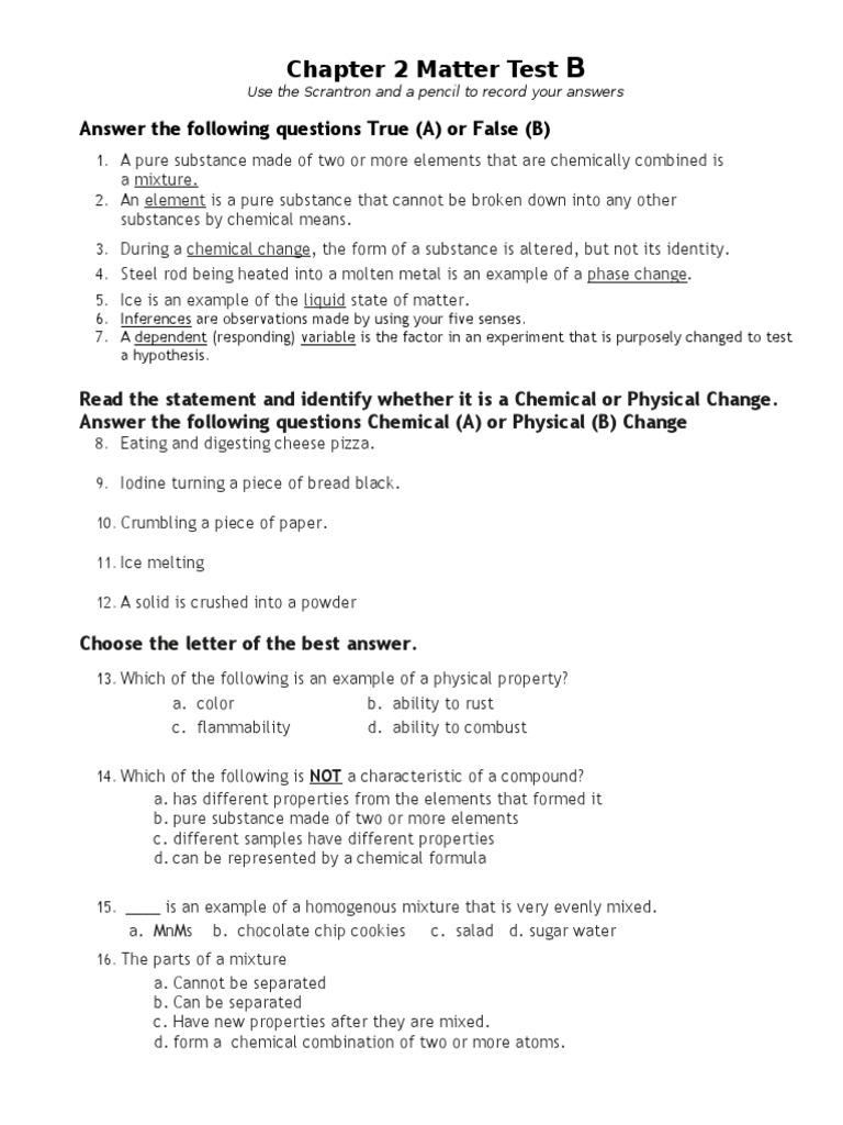 Chapter 2 Matter Test B Answers | PDF | Chemical Substances | Mixture