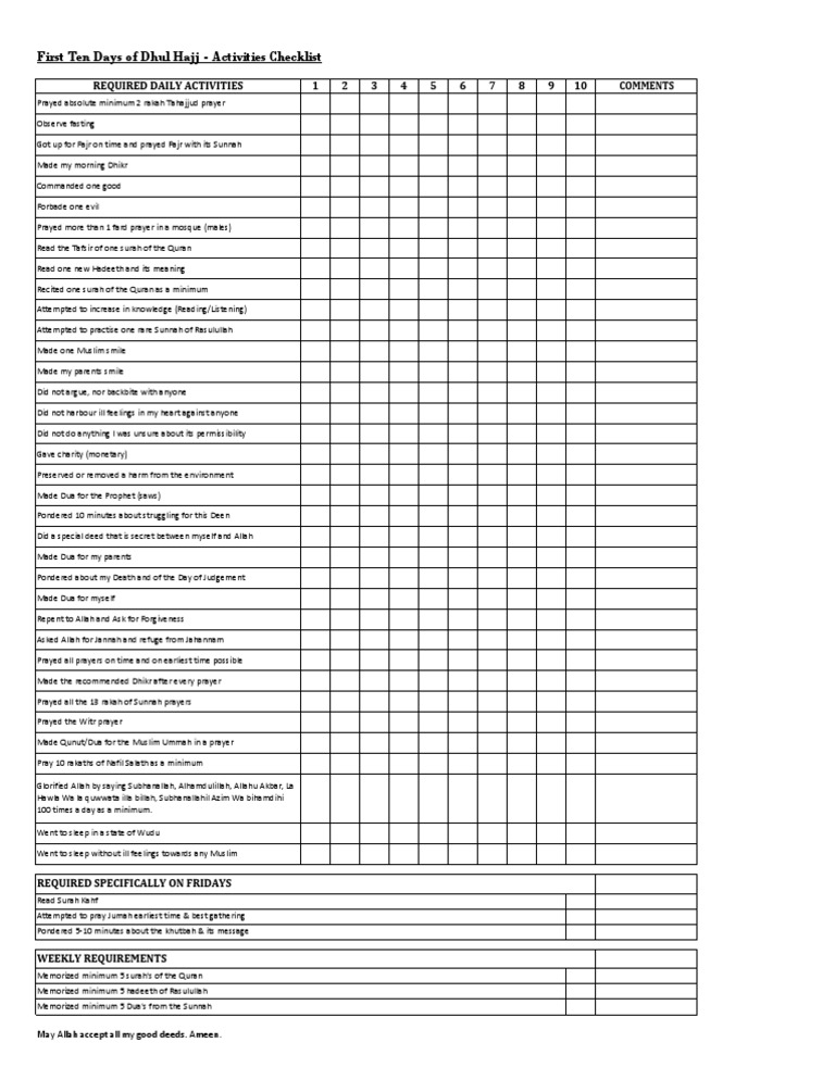 Daily Islamic Activities Checklist | PDF