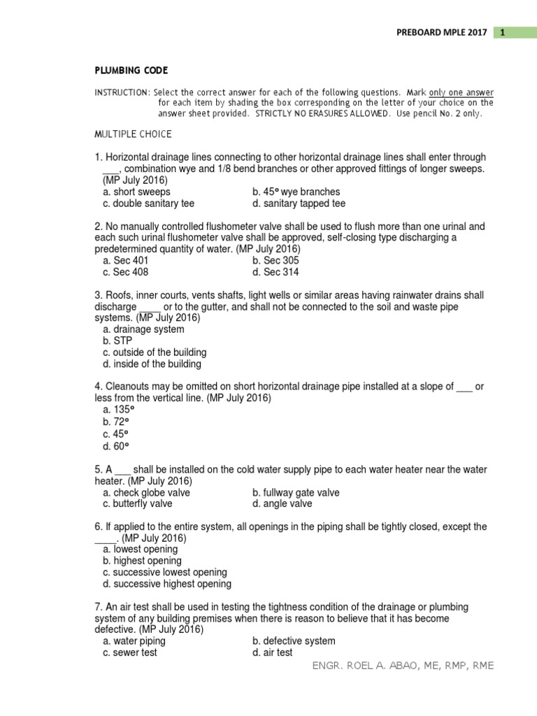 Plumbing Code Preboard Sample 2017 | PDF | Plumbing | Storm Drain