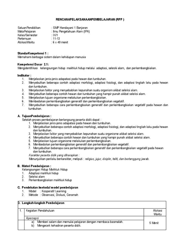 Rpp Ipa Kelangsungan Hidup Makhluk Hidup Lks