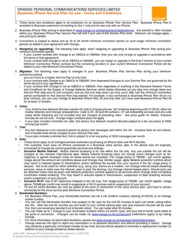 Business Iphone Service Plan For One Terms and Conditions Orange