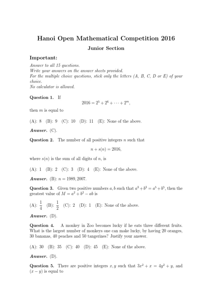 Hanoi Open Mathematical Competition 2016 Junior Section Important