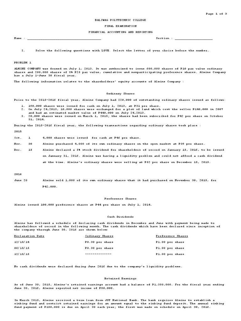 Final Exam Key Answer Far Preferred Stock Dividend