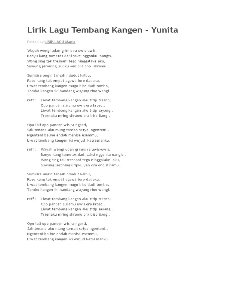 Lirik Lagu Tembang Kangen