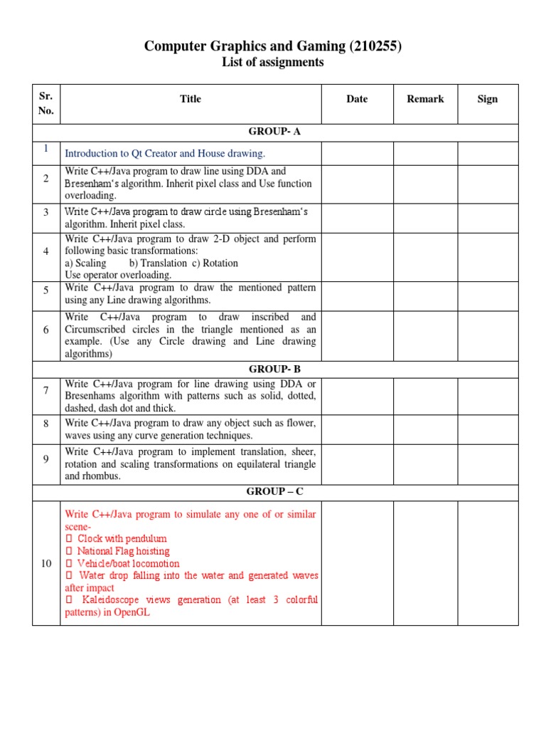 Computer Graphics and Gaming (210255) : List of Assignments | PDF