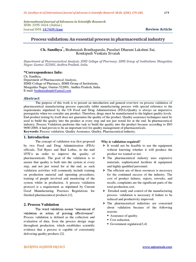 Process Validation An Essential Process in Pharmaceutical Industry ...