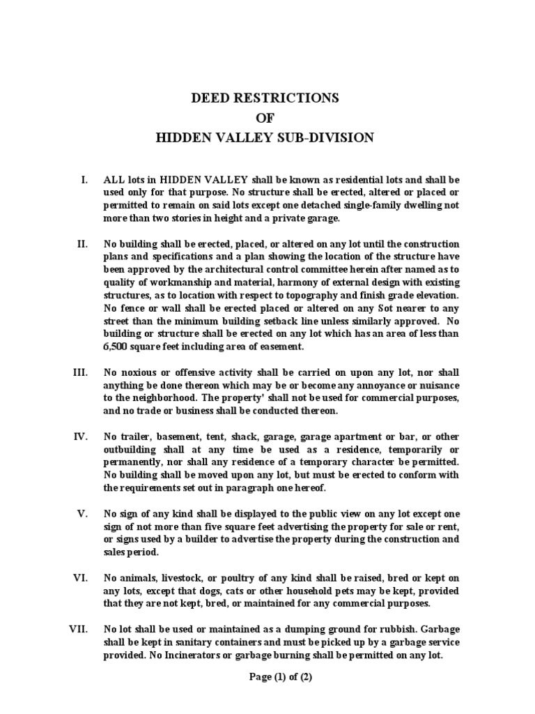 Hidden Valley Deed Restrictions PDF Covenant (Law) Fence