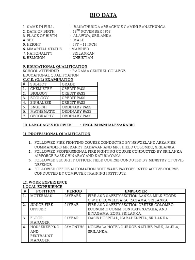 Bio Data Form Sri Lanka 