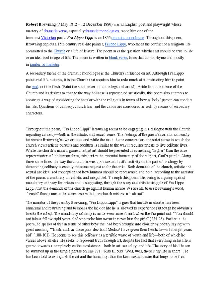 Dramatic Monologue Filippo Lippi Church Blank Verse Iambic Pentameter