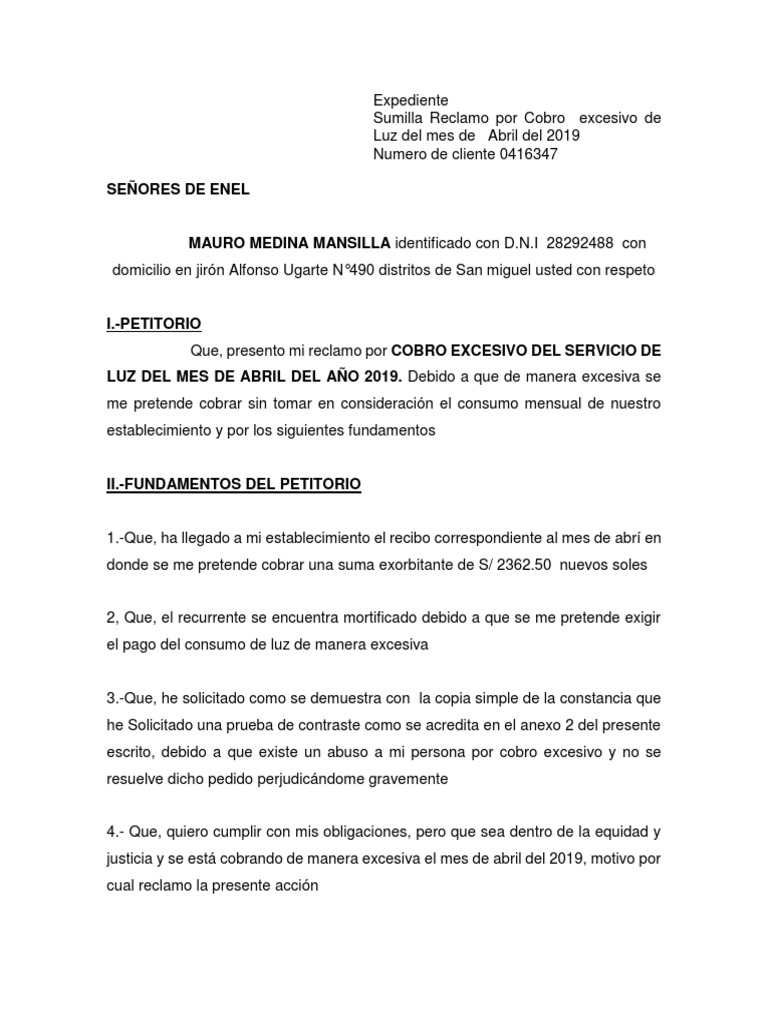 Reclamo por cobro excesivo de servicio de energía eléctrica y solicitud ...