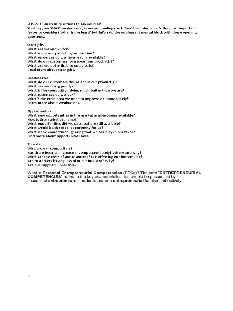 20 Essential Questions for SWOT Analysis | PDF | Swot Analysis ...