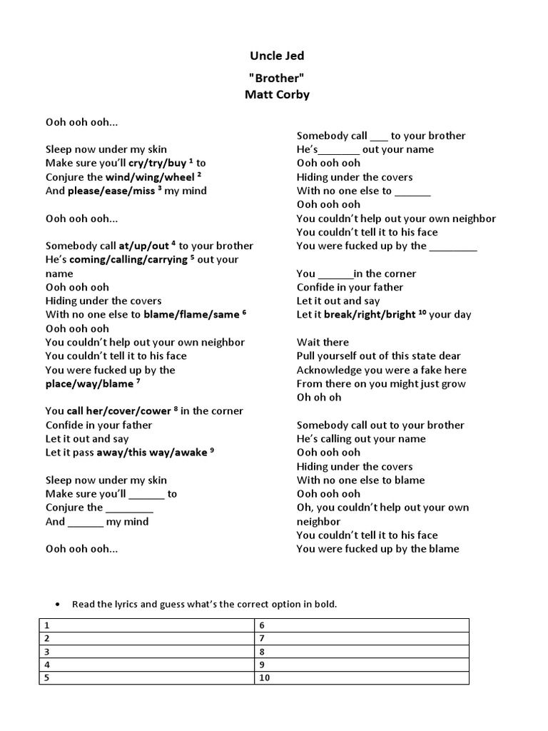 Uncle Jed Brother Cover EFL Song Worksheet PDF