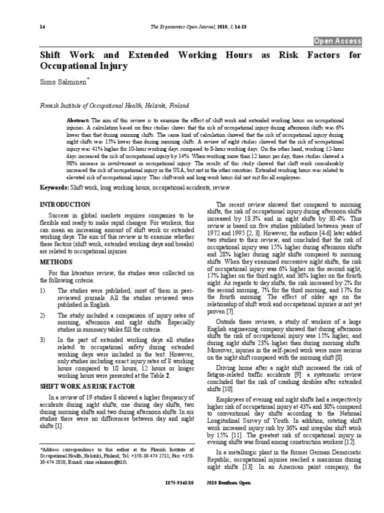 Shift Work and Extended Working Hours As Risk Factors For Occupational
