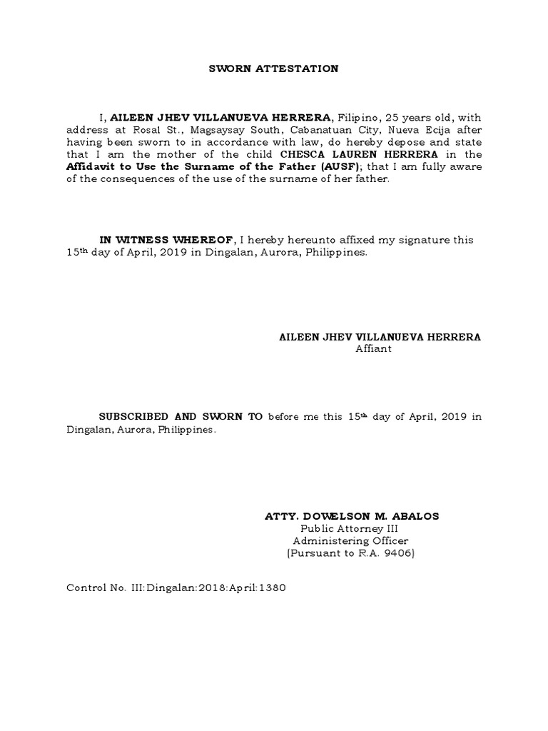 Sworn Attestation of Mother in AUSF | PDF | Wellness