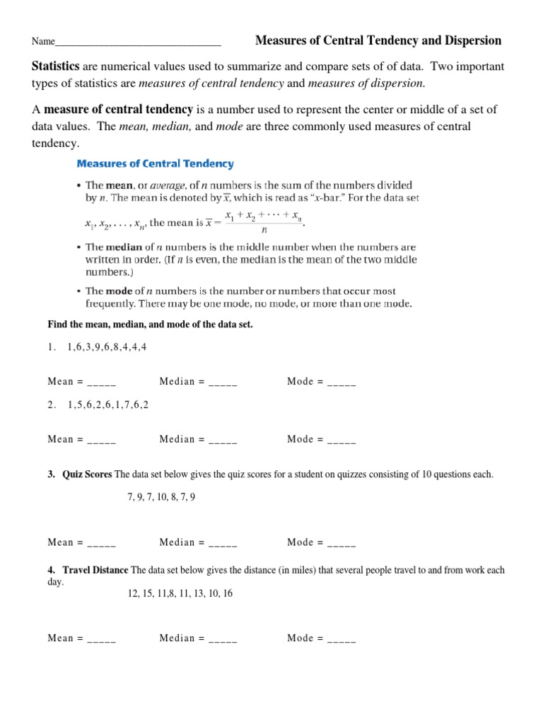 Central Tendency & Dispersion Guide | PDF | Outlier | Mean