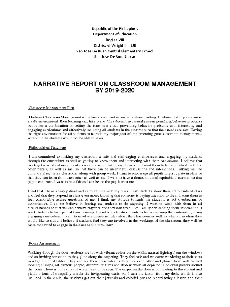 Classroom Management Narrative Report | PDF | Homework | Classroom ...