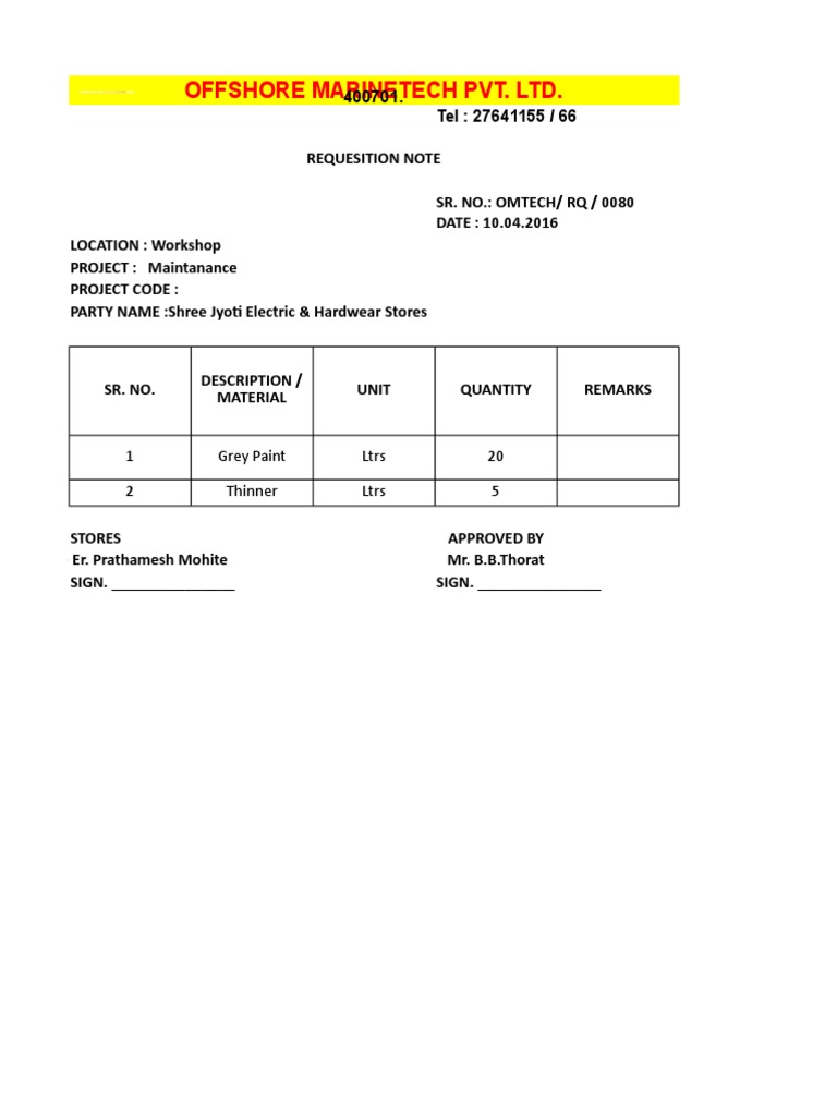 Offshore MarineTech Requisition Note | PDF