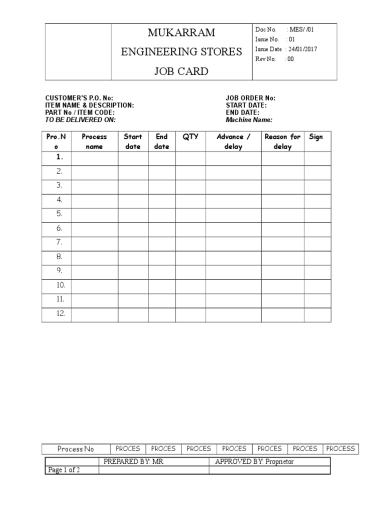Manufacturing Job Card Template | PDF | Technology & Engineering