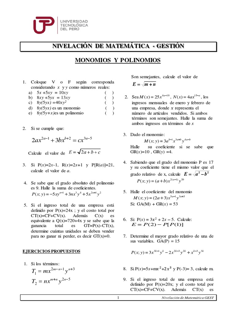 Ejercicios de Monomios y Polinomios | PDF | Algoritmos | Matemáticas ...
