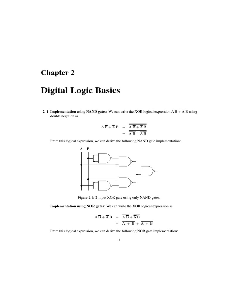 Digital Logic Basics 2 1 Implementation Using Nand Gates We Can Write The Xor Logical Expression A Pdf Logic Gate Electronic Circuits