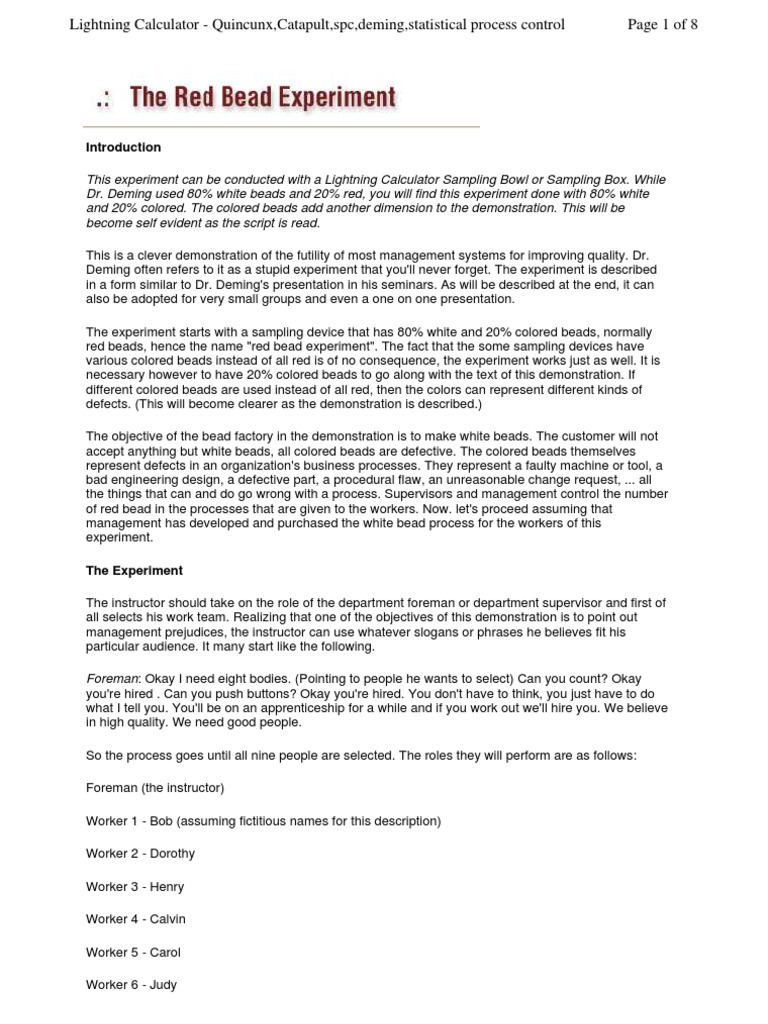 Deming's Red Bead Experiment Explained | PDF | Experiment | Randomness