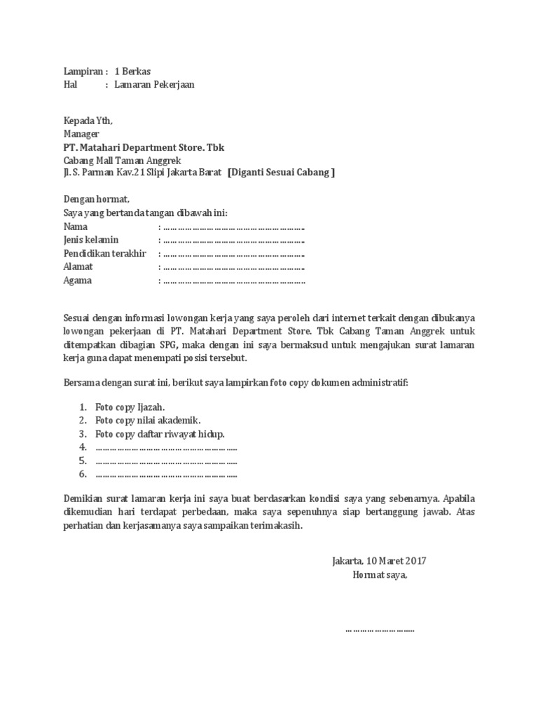 Download 50+ Contoh Surat Surat Lamaran Kerja Spg Terbaik Dan Terbaru