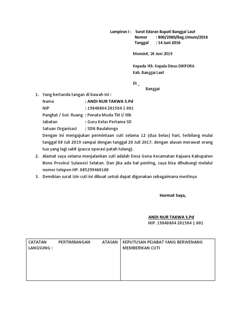 Surat Izin Cuti Merawat Orang Tua 2 Salah satunya adalah membuat surat izin jika ingin tidak masuk kerja.