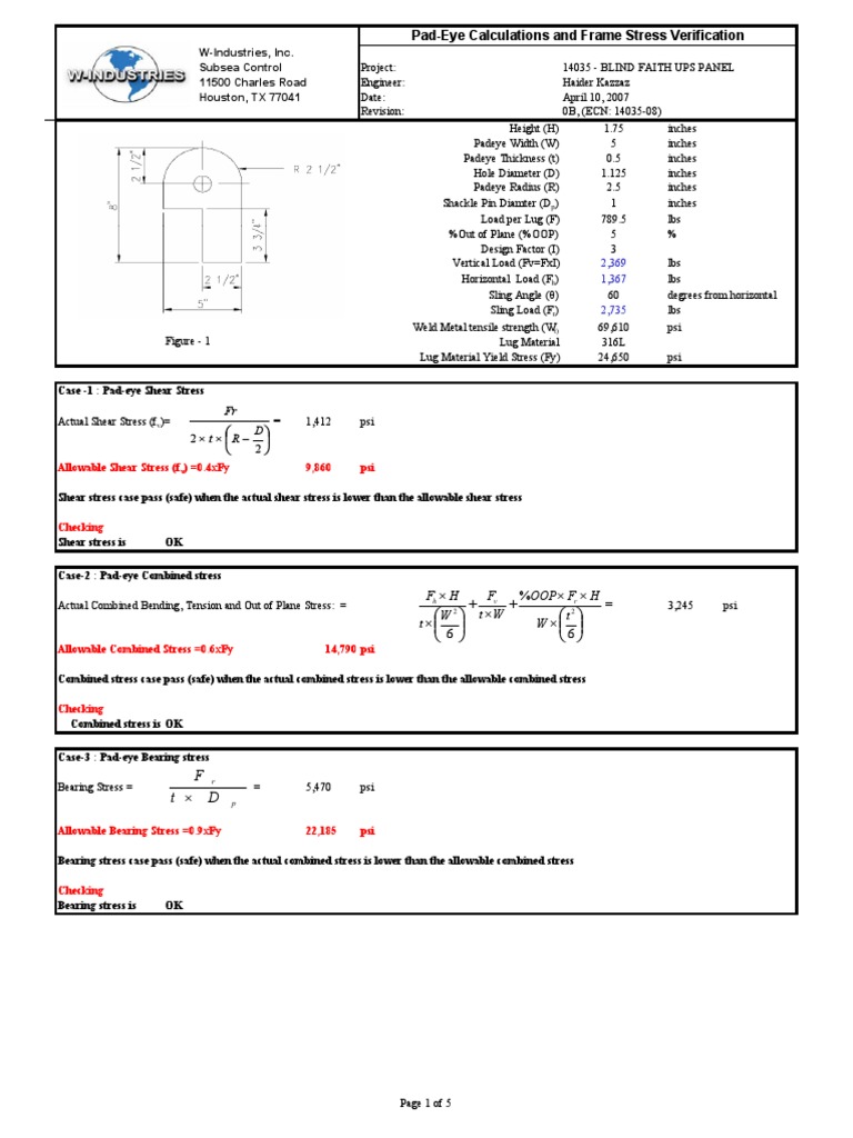 CALCULATIONS Pad Eye Design PDF Strength Of Materials Yield